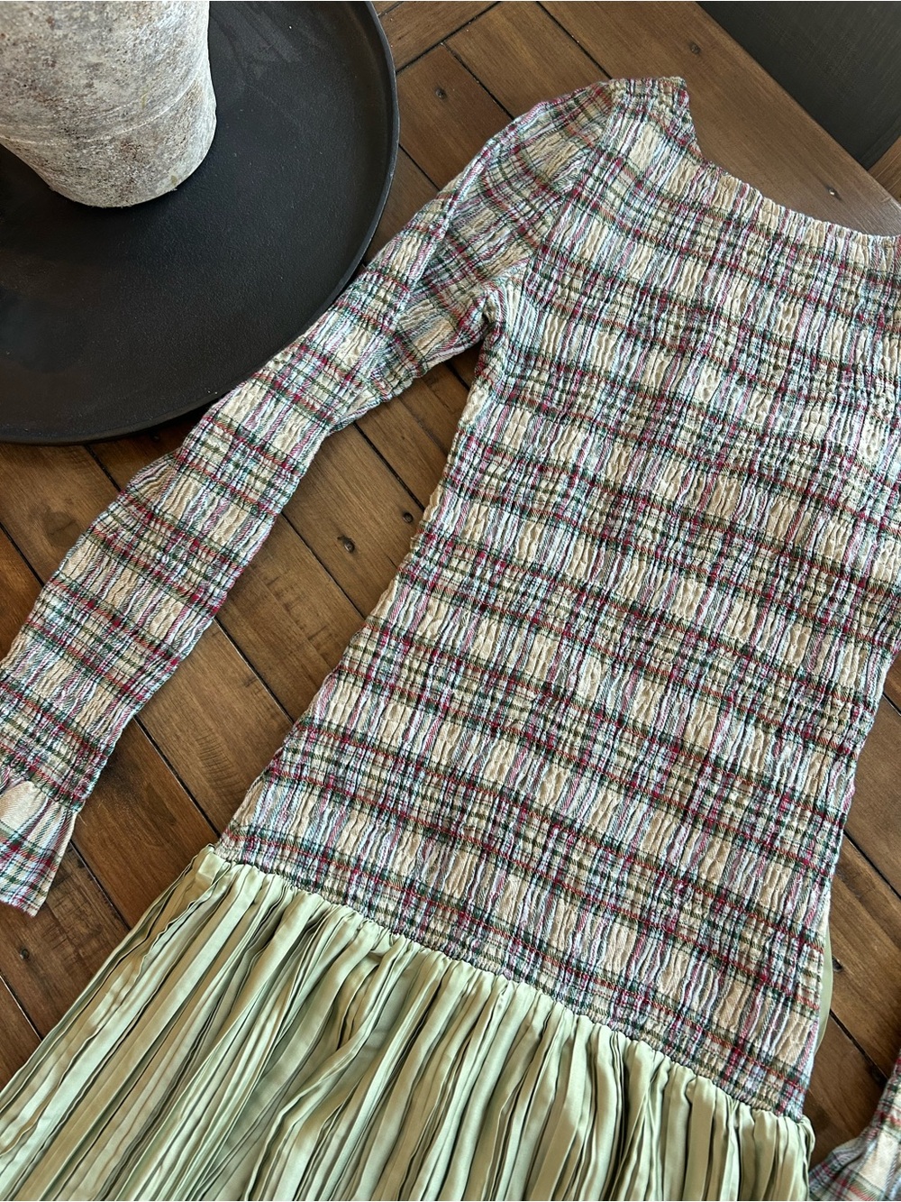 NWT OHSEVENDAYS Anthropologie McKenzie Shirred Tartan Pleated Green Midi Dress M - Picture 7 of 13